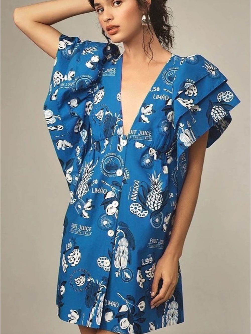 Farm Rio Blue Banana Grapes Sleeveless Mini Dress Mini Dress, Blue & White - Picture 2 of 7